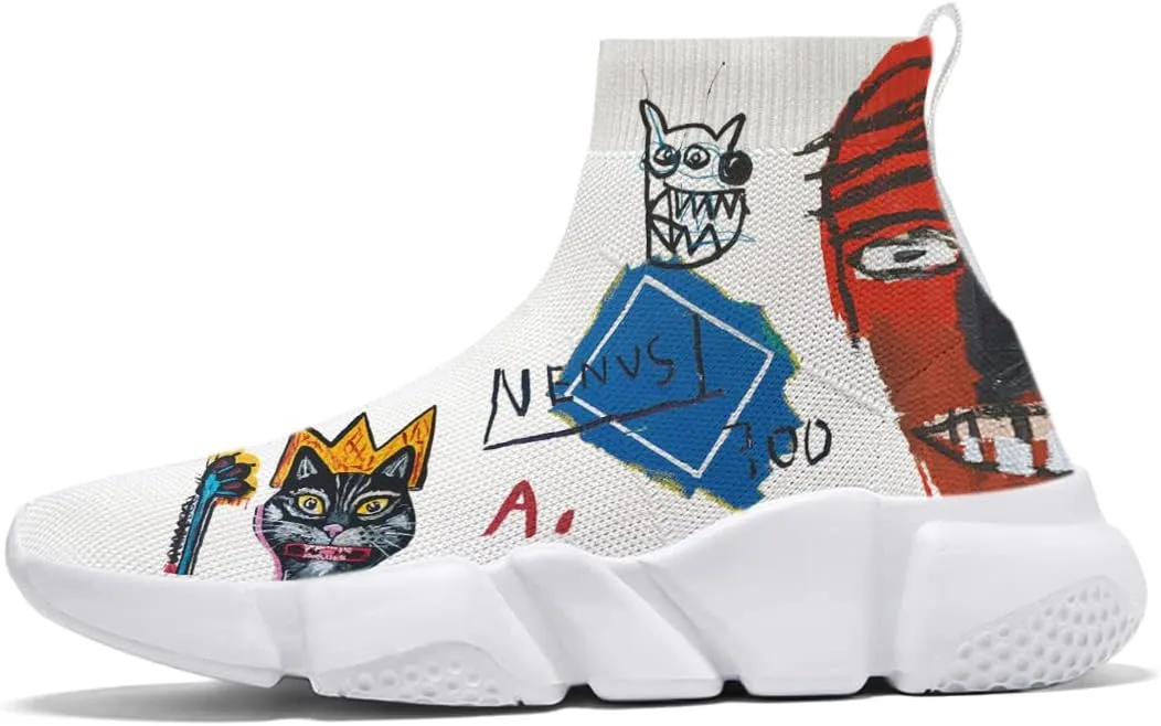 Hetios Mens Walking Shoes Graffiti Sneakers Running Shoes Sock Shoes Lightweight Comfy Breathable Multicolor