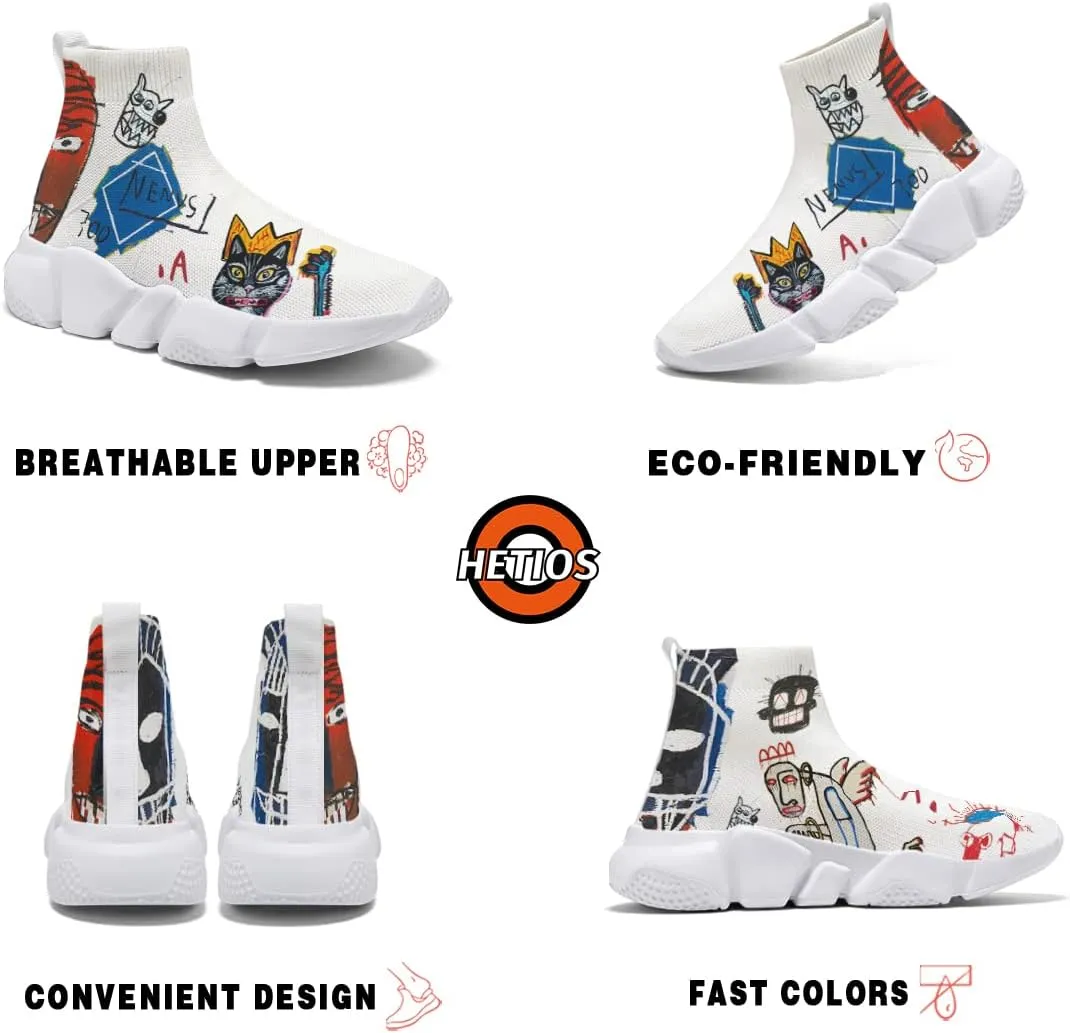 Hetios Mens Walking Shoes Graffiti Sneakers Running Shoes Sock Shoes Lightweight Comfy Breathable Multicolor