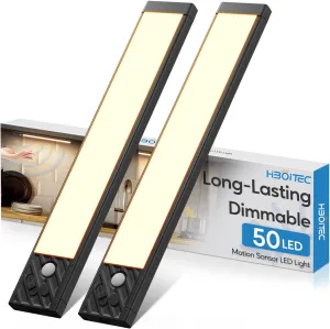 HIBOITEC Closet Lights Motion Sensor Wireless Light 50 LED Rechargeable Dimmable Under Cabinet Lighting, Under Counter Light for Kitchen, Bedroom, Stair, Hallway, 2 Packs, Warm White Light, 10 inch