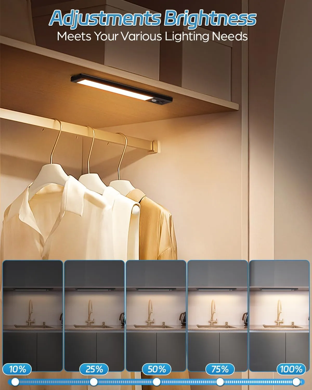 HIBOITEC Closet Lights Motion Sensor Wireless Light 50 LED Rechargeable Dimmable Under Cabinet Lighting, Under Counter Light for Kitchen, Bedroom, Stair, Hallway, 2 Packs, Warm White Light, 10 inch