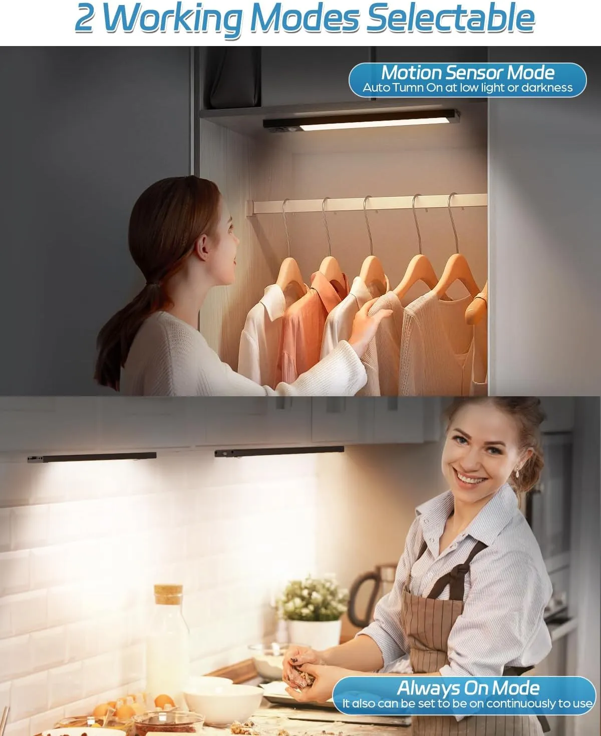 HIBOITEC Closet Lights Motion Sensor Wireless Light 50 LED Rechargeable Dimmable Under Cabinet Lighting, Under Counter Light for Kitchen, Bedroom, Stair, Hallway, 2 Packs, Warm White Light, 10 inch