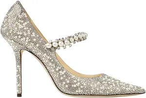 High Heels Elegant Silver Button Heels with Pointy Design, Pearl and Crystal Accents