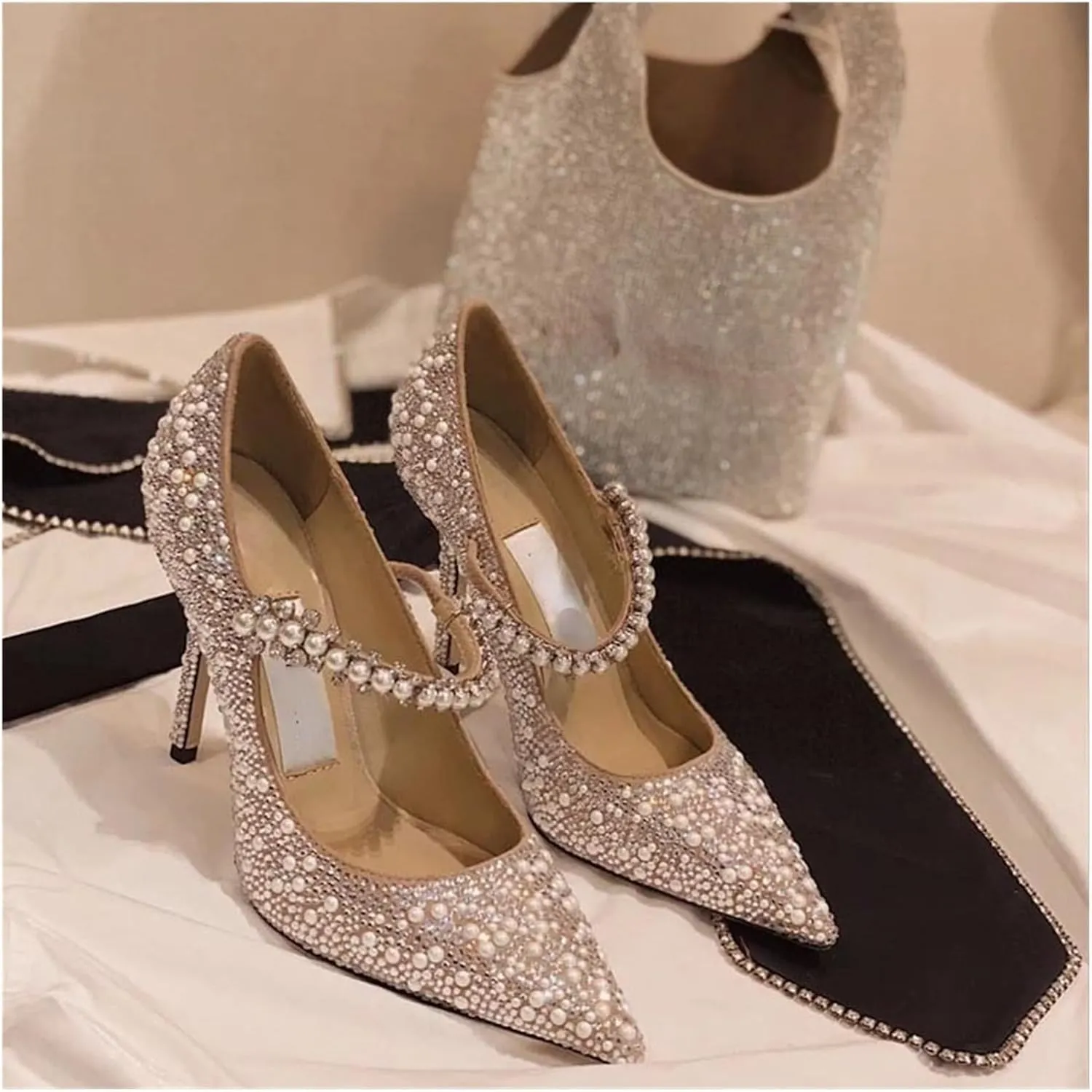 High Heels Elegant Silver Button Heels with Pointy Design, Pearl and Crystal Accents