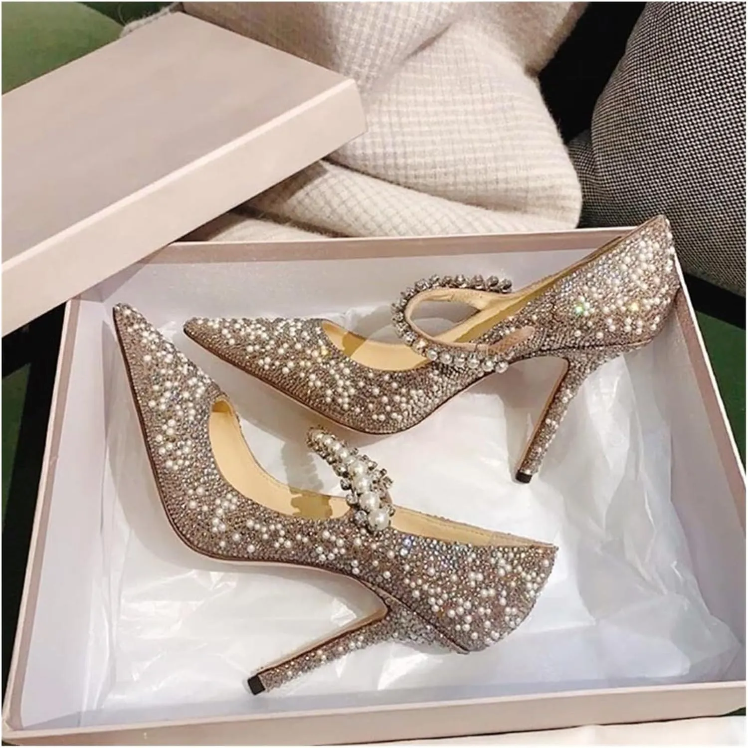 High Heels Elegant Silver Button Heels with Pointy Design, Pearl and Crystal Accents