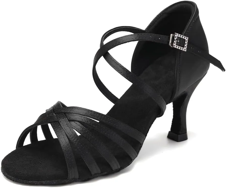 HIPPOSEUS Women's Latin Dance Shoes Satin Ballroom Salsa Dance Practice Shoes with 3inch Heel