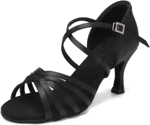 HIPPOSEUS Women's Latin Dance Shoes Satin Ballroom Salsa Dance Practice Shoes with 3inch Heel