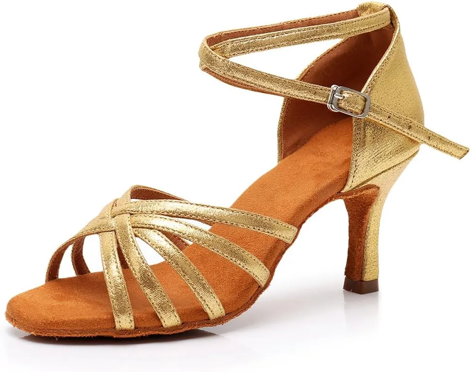 HIPPOSEUS Women's Open Toe Latin Dance Shoes Ankle Strap Ballroom Salsa Bachata Dancing Shoes Suede Outsole