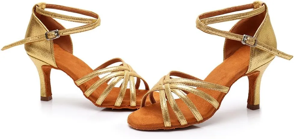 HIPPOSEUS Women's Open Toe Latin Dance Shoes Ankle Strap Ballroom Salsa Bachata Dancing Shoes Suede Outsole
