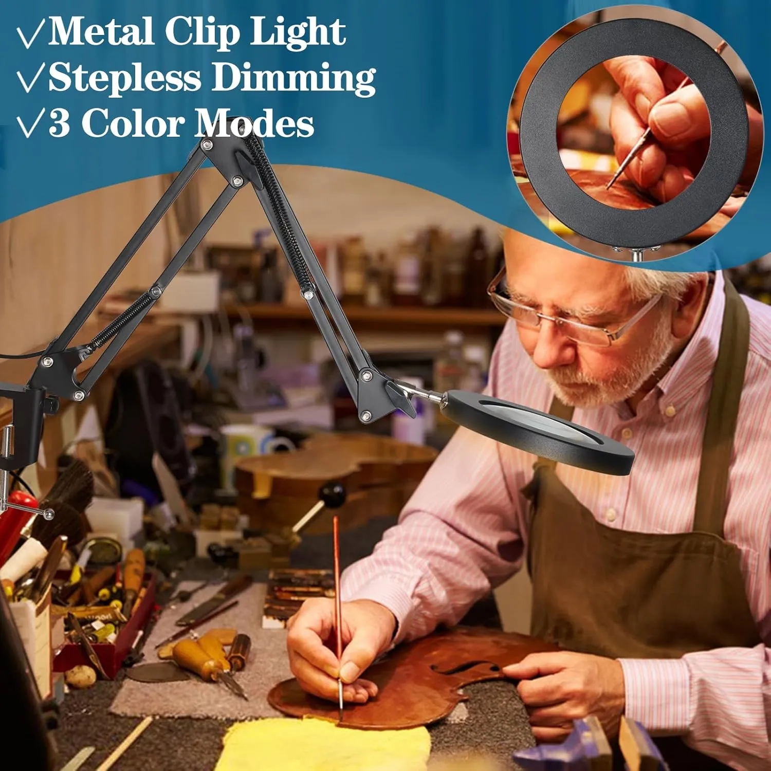HITTI 10X Magnifying Glass with Light, 1,800 Lumens Stepless Dimmable, 3 Color Modes, 4.2″ Real Glass Lens LED Magnifying Desk Lamp & Clamp, Magnifier Light and Stand for Crafts Welding Close Work