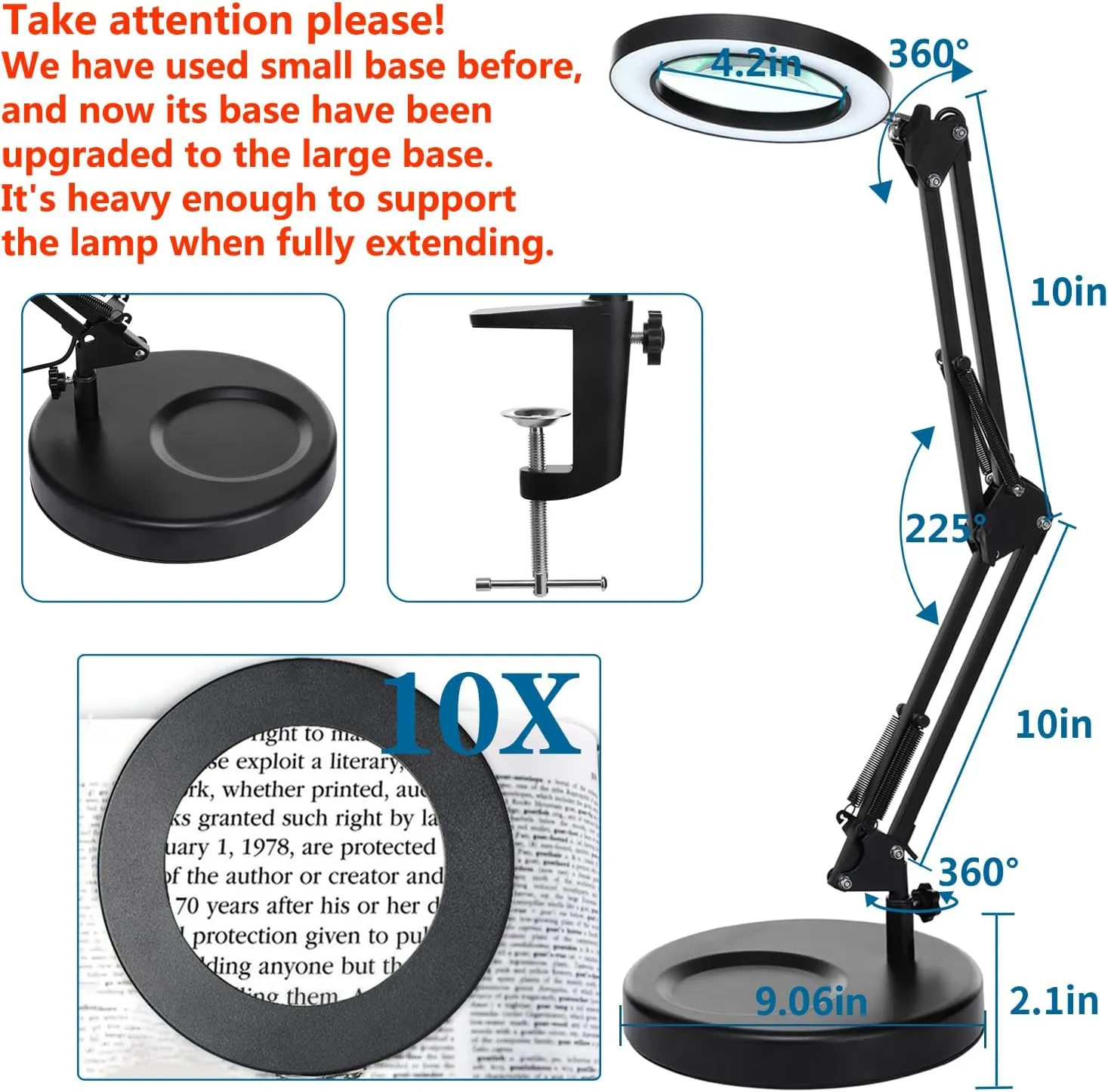 HITTI 10X Magnifying Glass with Light, 1,800 Lumens Stepless Dimmable, 3 Color Modes, 4.2″ Real Glass Lens LED Magnifying Desk Lamp & Clamp, Magnifier Light and Stand for Crafts Welding Close Work