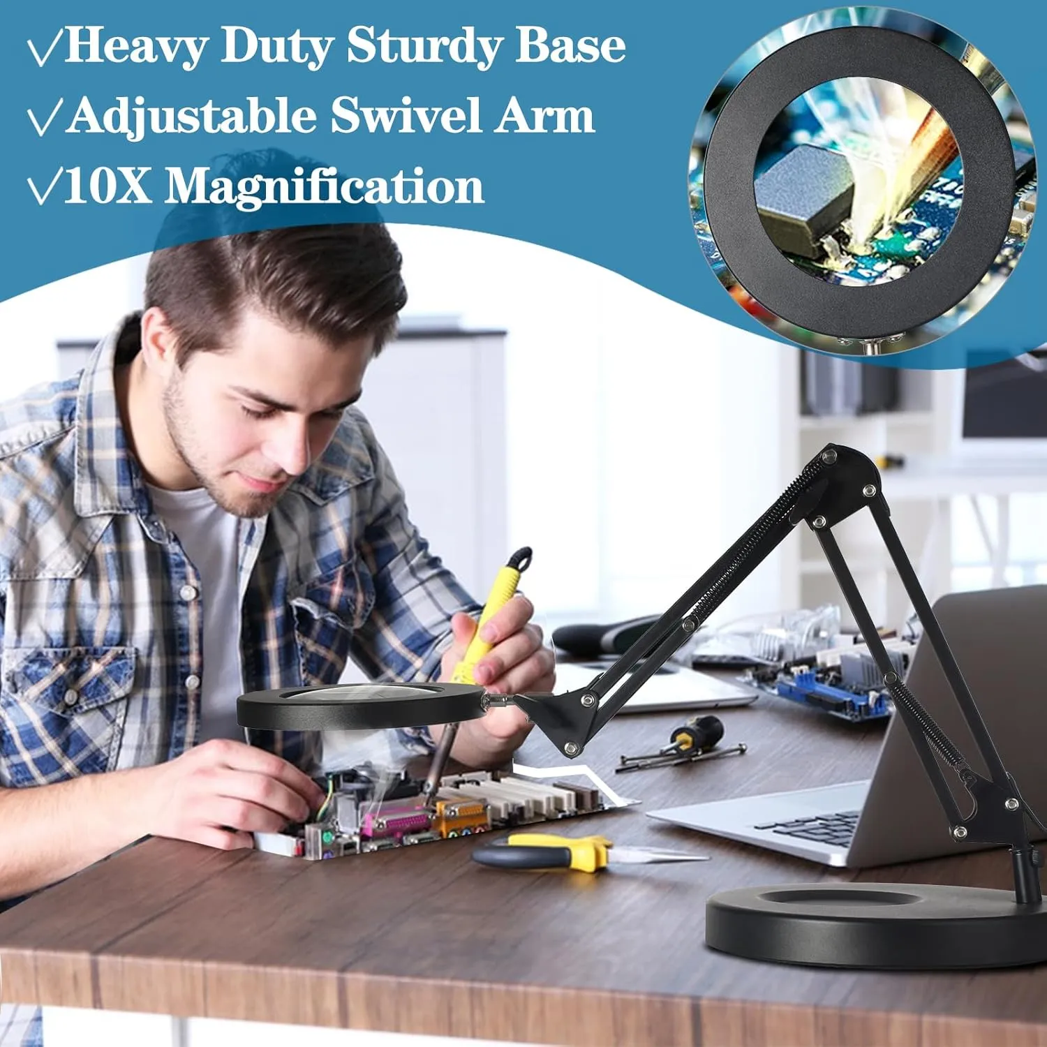 HITTI 10X Magnifying Glass with Light, 1,800 Lumens Stepless Dimmable, 3 Color Modes, 4.2″ Real Glass Lens LED Magnifying Desk Lamp & Clamp, Magnifier Light and Stand for Crafts Welding Close Work
