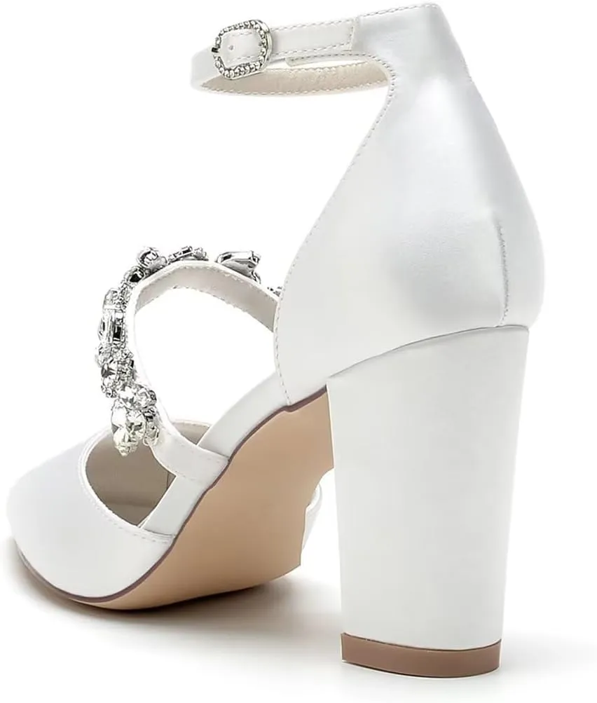 HNVAVQ Chunky Heels for Women Pointed Toe Court Shoes Rhinestone Ankle Strap Elegant Comfortable Dressy Wedding Party Work Pumps