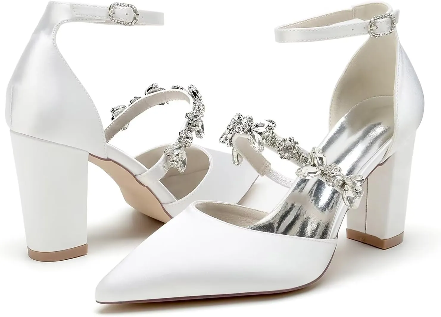 HNVAVQ Chunky Heels for Women Pointed Toe Court Shoes Rhinestone Ankle Strap Elegant Comfortable Dressy Wedding Party Work Pumps