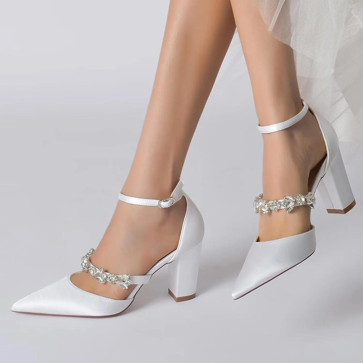 HNVAVQ Chunky Heels for Women Pointed Toe Court Shoes Rhinestone Ankle Strap Elegant Comfortable Dressy Wedding Party Work Pumps