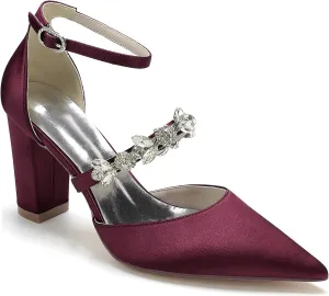 HNVAVQ Chunky Heels for Women Pointed Toe Court Shoes Rhinestone Ankle Strap Elegant Comfortable Dressy Wedding Party Work Pumps