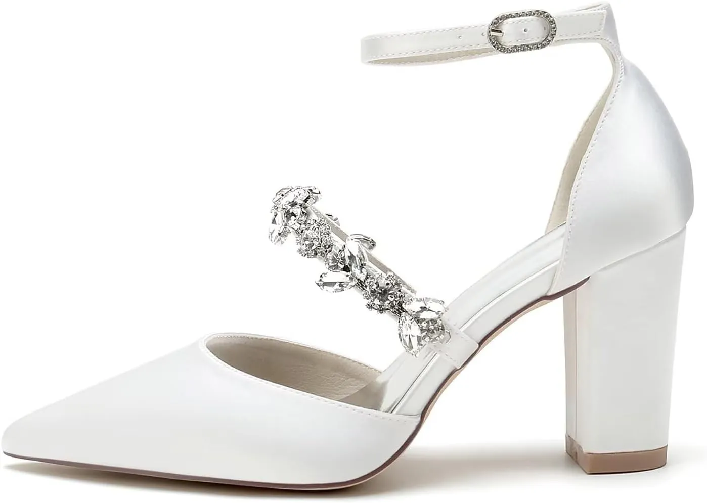 HNVAVQ Chunky Heels for Women Pointed Toe Court Shoes Rhinestone Ankle Strap Elegant Comfortable Dressy Wedding Party Work Pumps