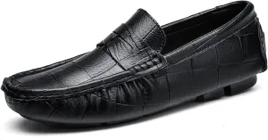 HOOENG Driving Moccasins for Men Round Toe Faux Crocodile Leather Penny Loafer Soft Comfortable Flexible Flat Heel Driving Slip on (Color : Black, Size : 7.5)