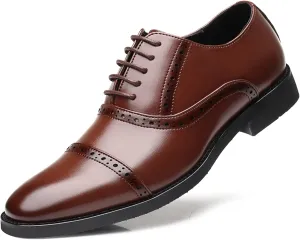 HOOENG Oxford Shoes for Men Lace Up Cap Toe Round Burnished Toe Vegan Leather Slip Resistant Anti-Slip Non Slip Block Heel Rubber Sole Classic (Color : Brown, Size : 9)