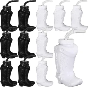 Hoolerry 12 Pcs 10 oz Plastic Cowboy Boot Cups with Straws and Lids Plastic Cowboy Cups for Western Themed Party Supplies and Rodeo Party Decorations (Black,White)