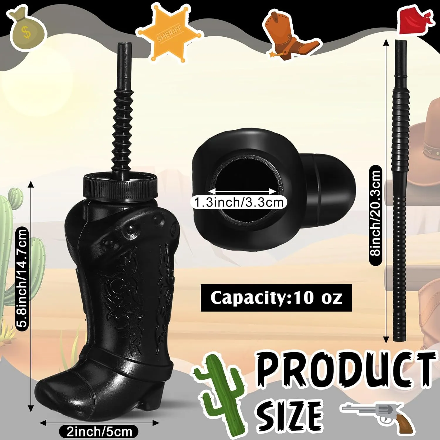 Hoolerry 12 Pcs 10 oz Plastic Cowboy Boot Cups with Straws and Lids Plastic Cowboy Cups for Western Themed Party Supplies and Rodeo Party Decorations (Black,White)