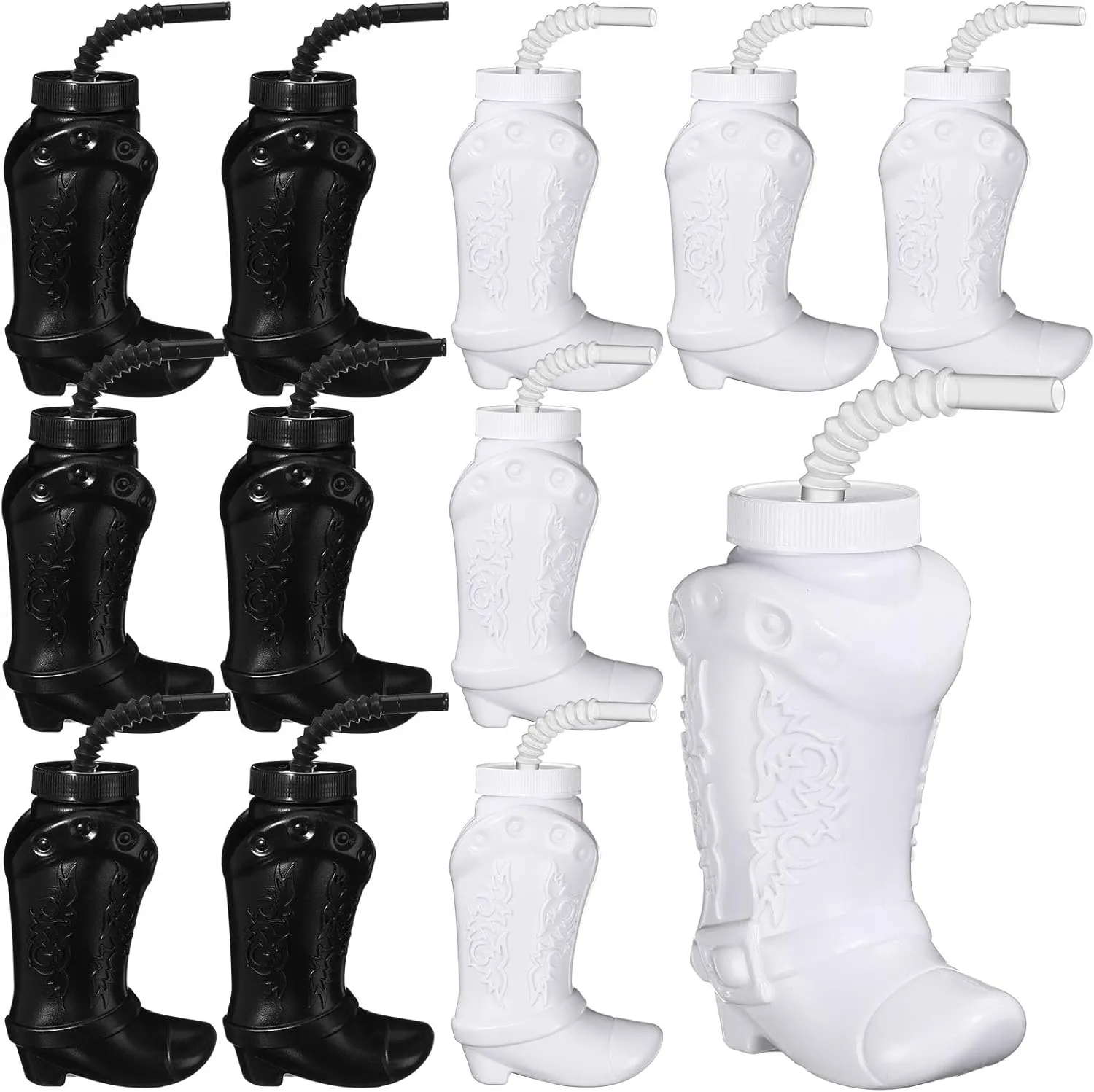 Hoolerry 12 Pcs 10 oz Plastic Cowboy Boot Cups with Straws and Lids Plastic Cowboy Cups for Western Themed Party Supplies and Rodeo Party Decorations (Black,White)