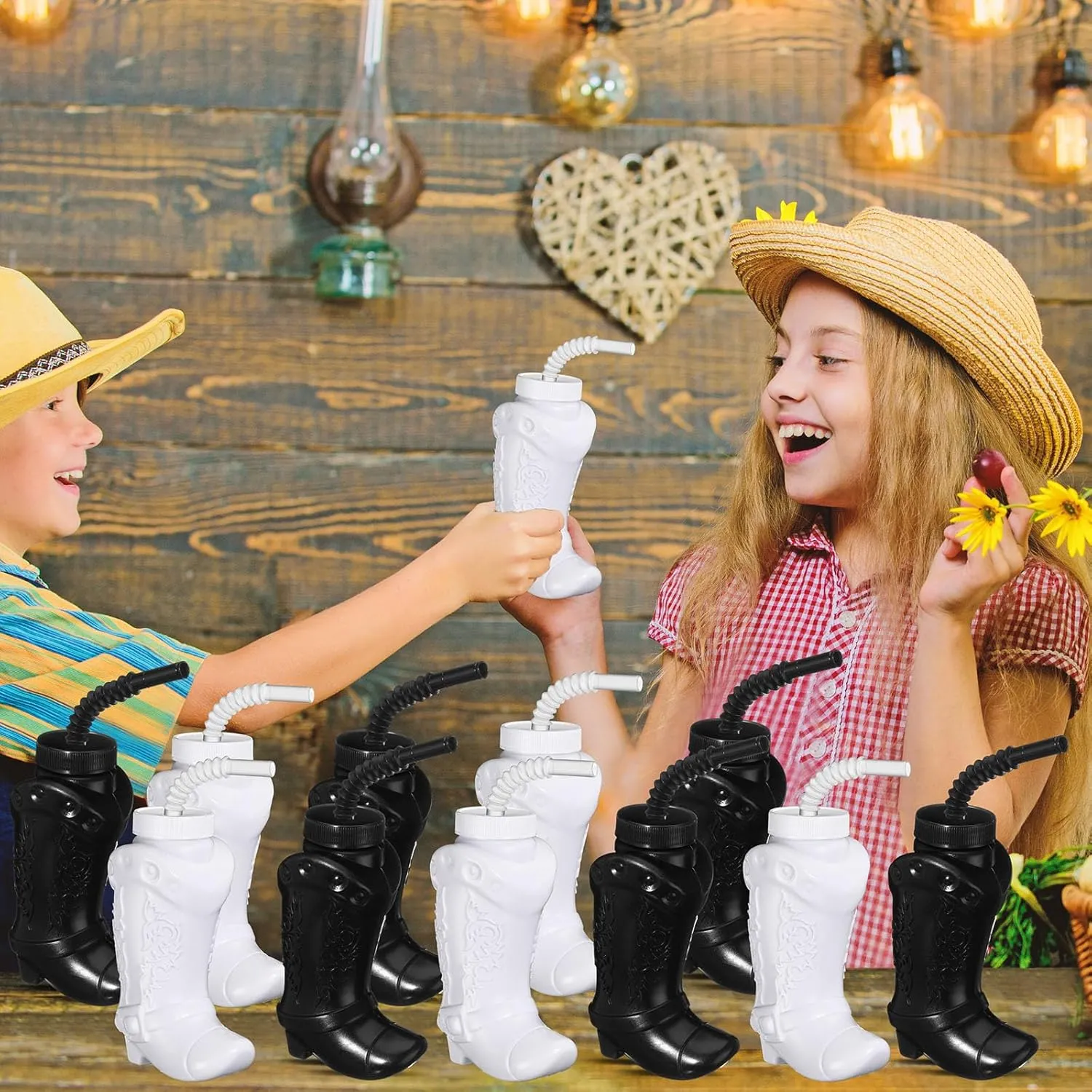 Hoolerry 12 Pcs 10 oz Plastic Cowboy Boot Cups with Straws and Lids Plastic Cowboy Cups for Western Themed Party Supplies and Rodeo Party Decorations (Black,White)
