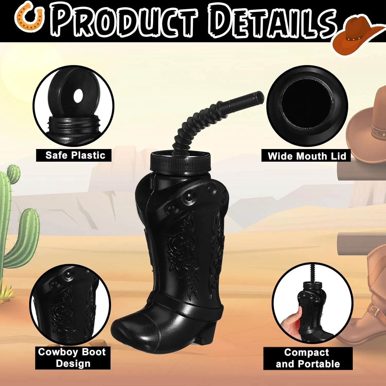 Hoolerry 12 Pcs 10 oz Plastic Cowboy Boot Cups with Straws and Lids Plastic Cowboy Cups for Western Themed Party Supplies and Rodeo Party Decorations (Black,White)