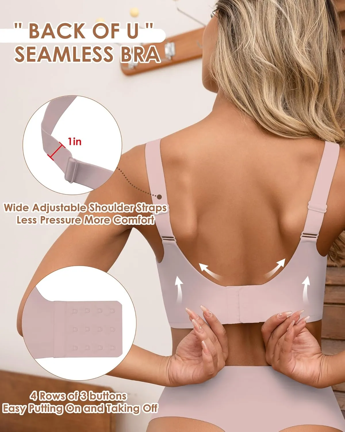 HORISUN Seamless Bras Full Coverage Wireless Push Up Bra for Women No Underwire Comfort V Neck Bralettes with Support