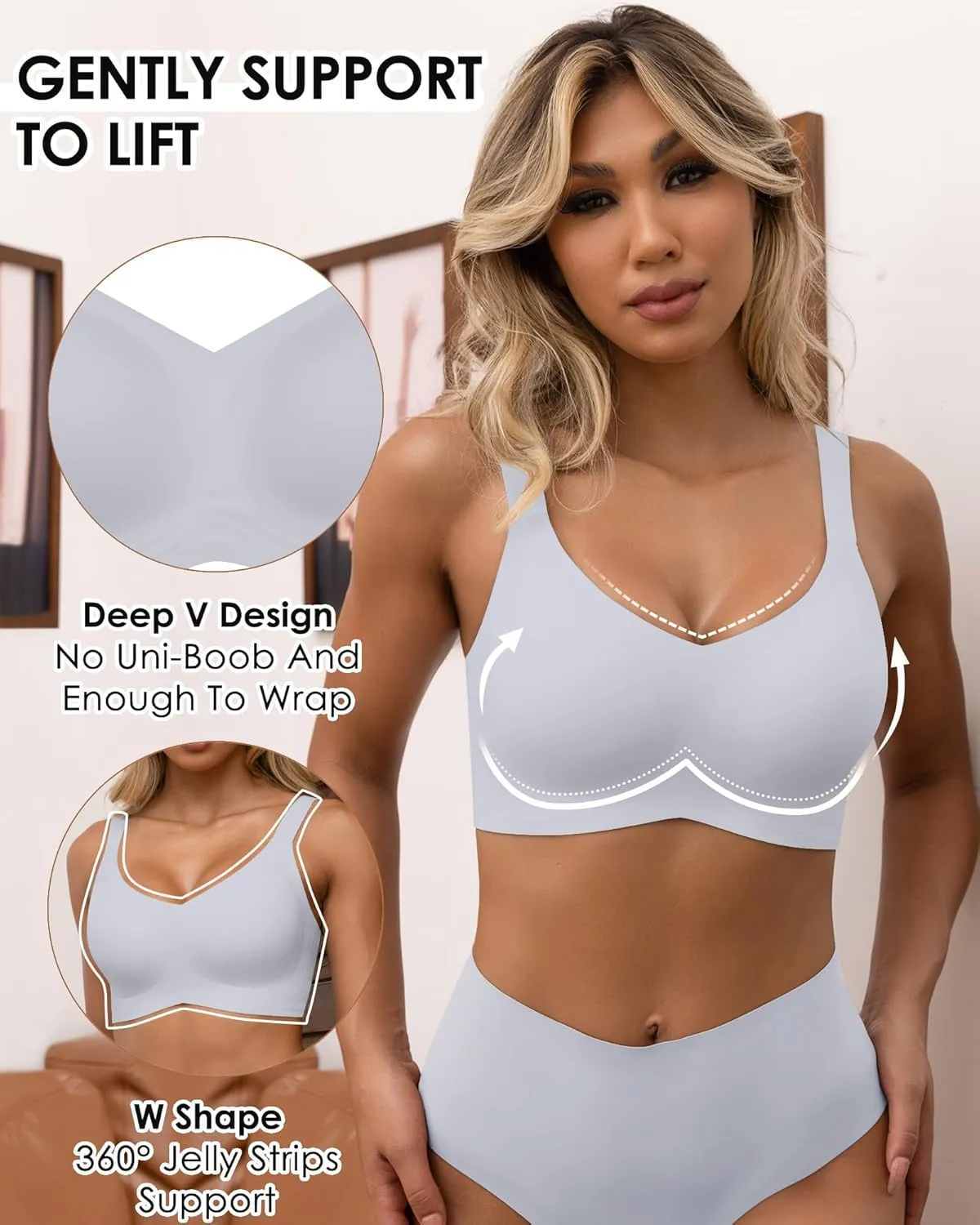 HORISUN Seamless Bras Full Coverage Wireless Push Up Bra for Women No Underwire Comfort V Neck Bralettes with Support