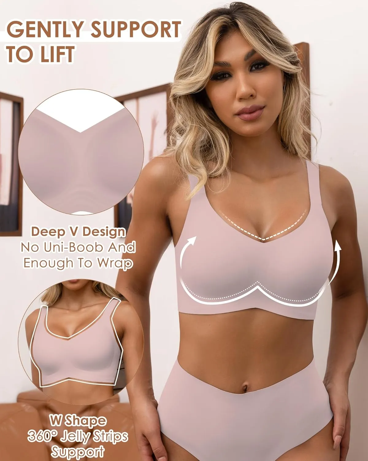 HORISUN Seamless Bras Full Coverage Wireless Push Up Bra for Women No Underwire Comfort V Neck Bralettes with Support