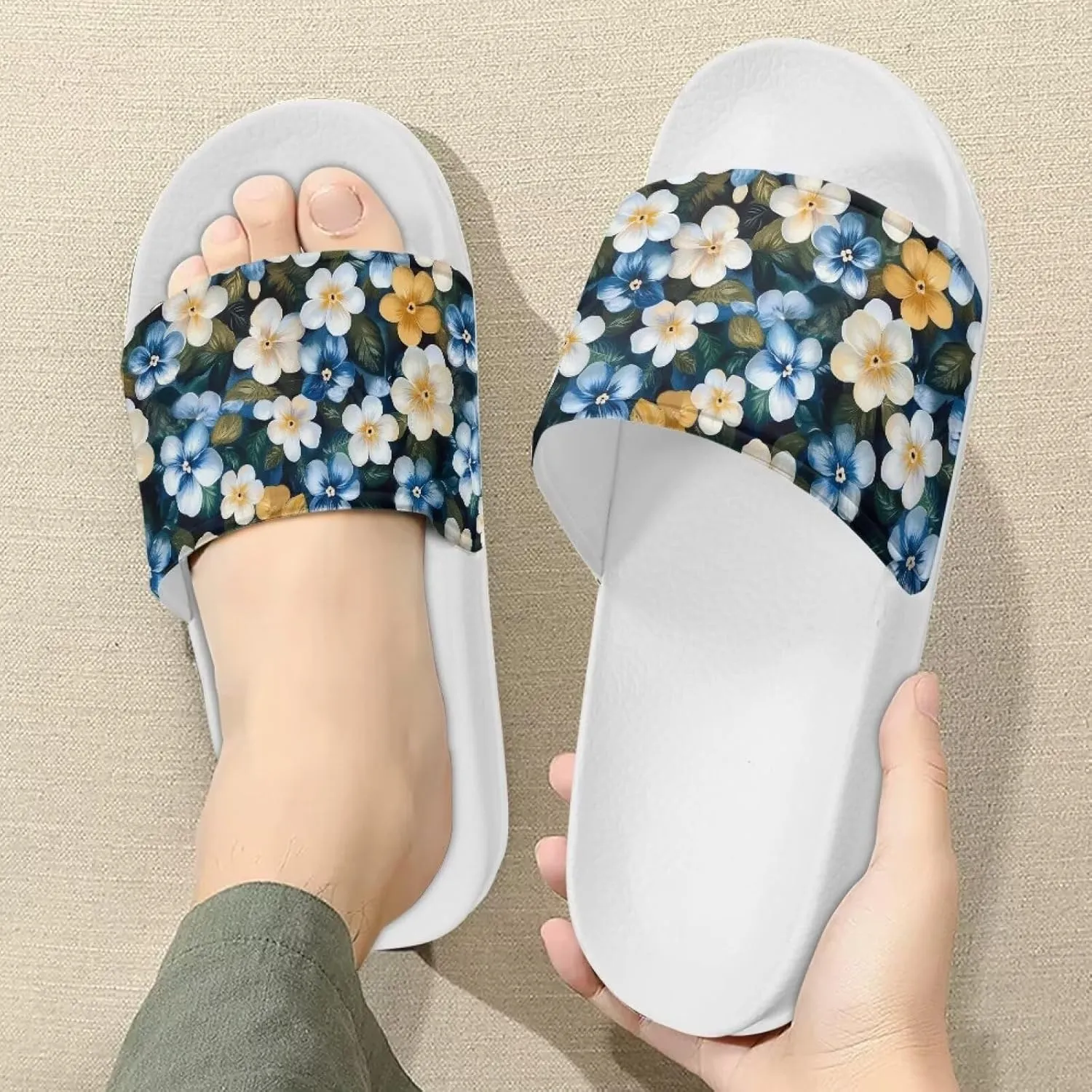 House Slippers Womens Soft Comfortable Slip On Shower Shoes Lightweight Cushioned Beach Party Slide Sandals for Outdoor US 6-13.5 White Sole