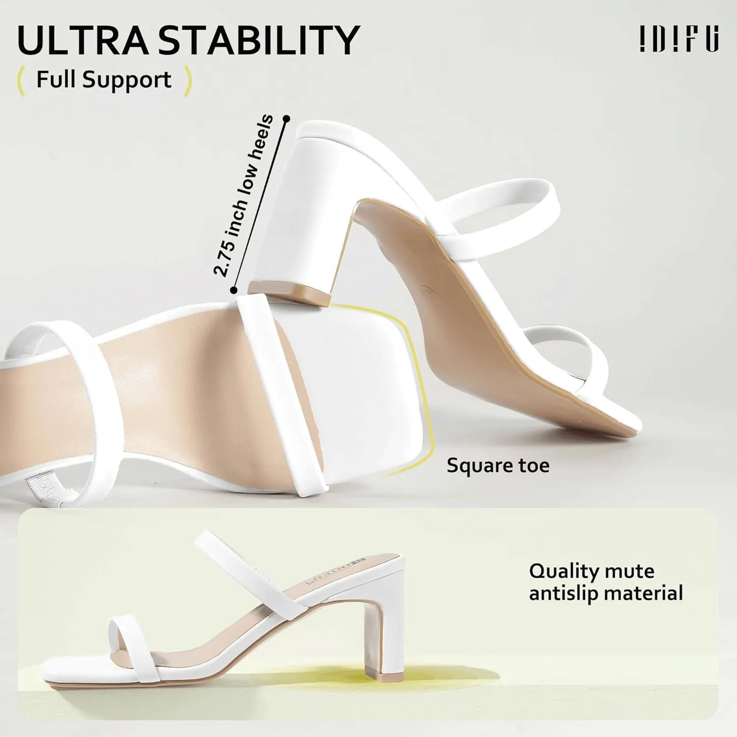 IDIFU IN3 Chunky Heels For Women Low Block Square Open Toe Heels Two Strap Slip On Comfortable Slides Heeled Sandals Sexy Wedding Prom Party Dress Shoes Cute Mule Short Heels
