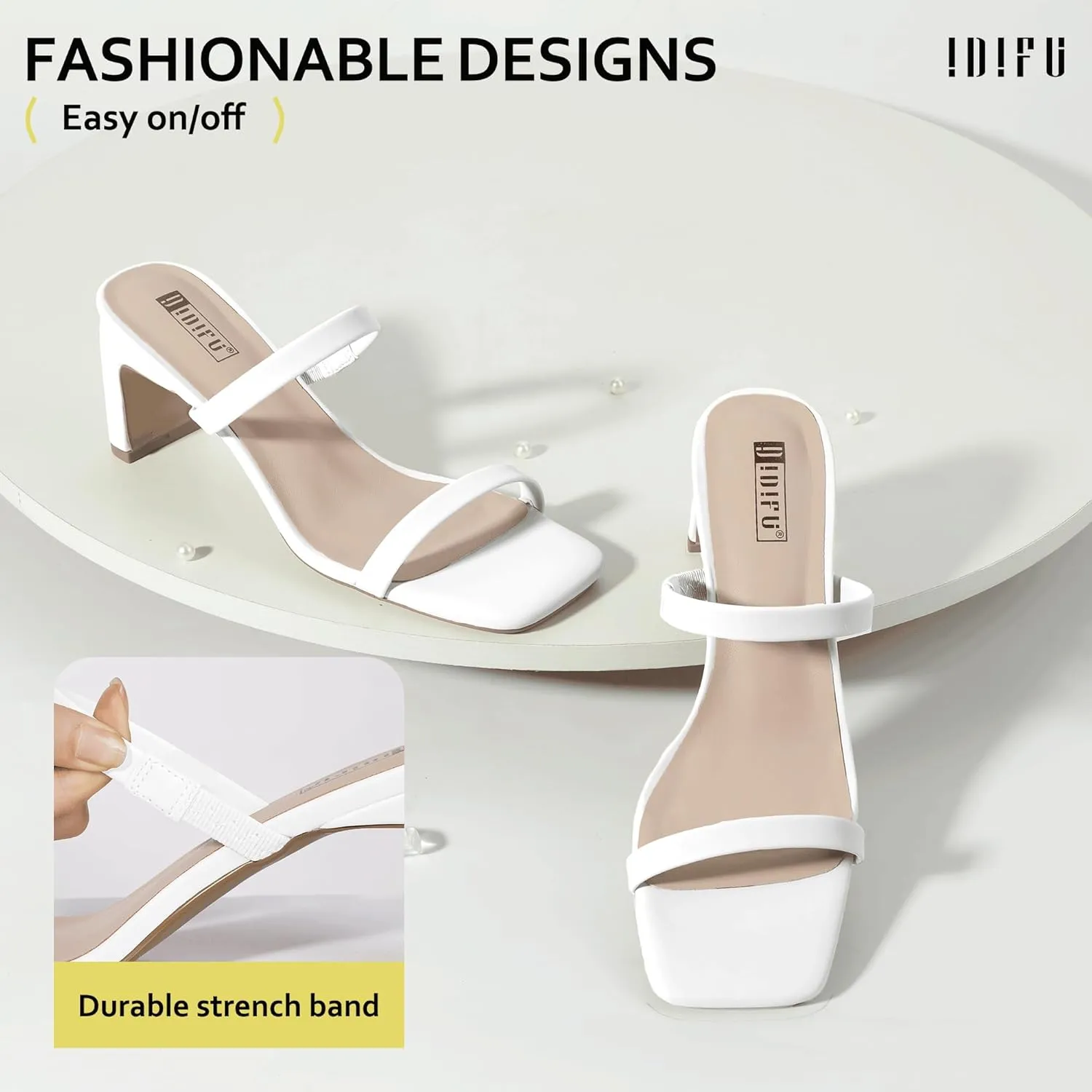 IDIFU IN3 Chunky Heels For Women Low Block Square Open Toe Heels Two Strap Slip On Comfortable Slides Heeled Sandals Sexy Wedding Prom Party Dress Shoes Cute Mule Short Heels