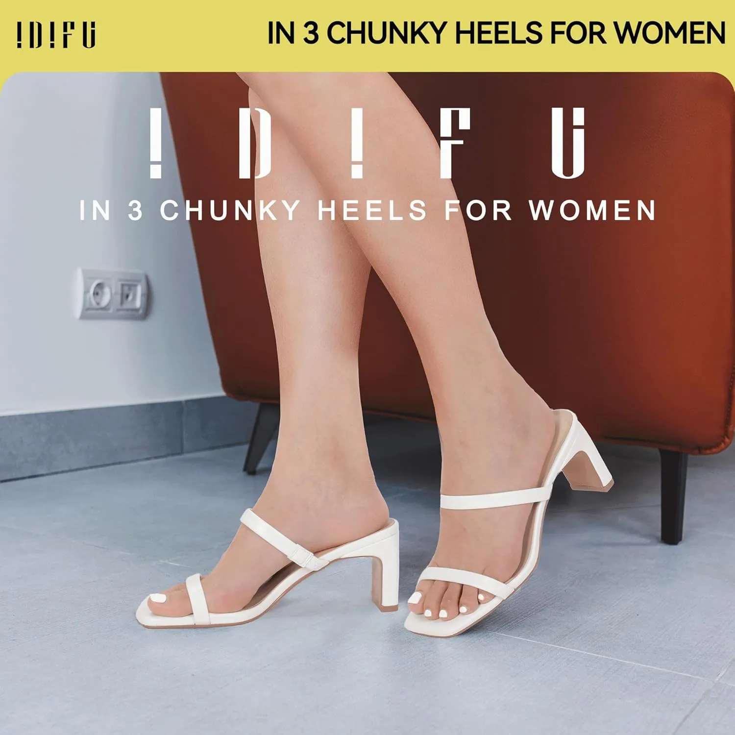 IDIFU IN3 Chunky Heels For Women Low Block Square Open Toe Heels Two Strap Slip On Comfortable Slides Heeled Sandals Sexy Wedding Prom Party Dress Shoes Cute Mule Short Heels