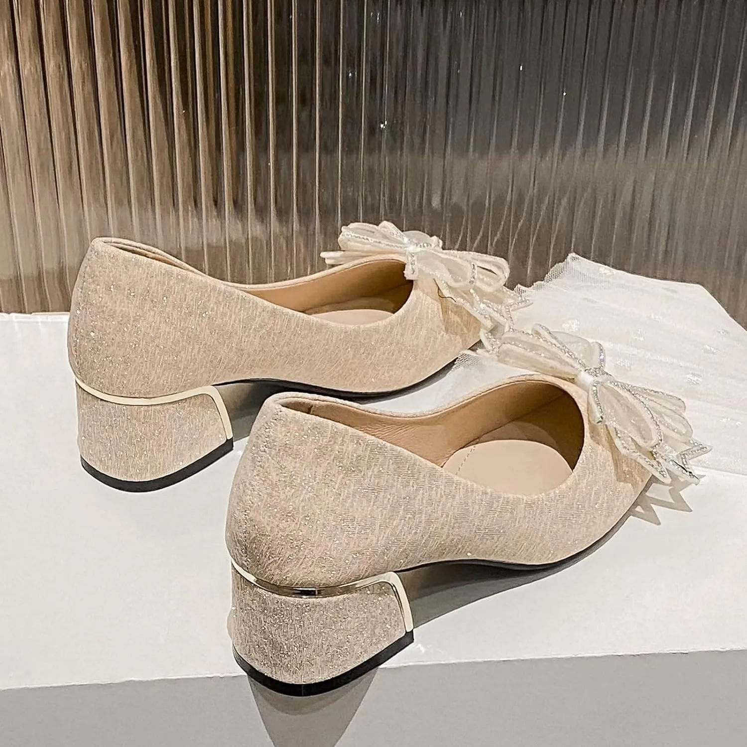 INEELUYI Women's Sweety Elegant Lace Bowtie Wedding Dress Pumps Mid Block Chunky Heeled Slip on Comfortable Walking Pump Shoes