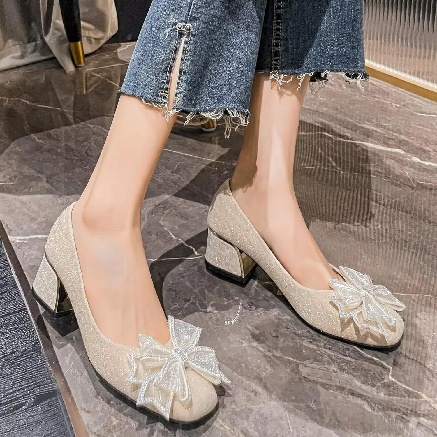 INEELUYI Women's Sweety Elegant Lace Bowtie Wedding Dress Pumps Mid Block Chunky Heeled Slip on Comfortable Walking Pump Shoes