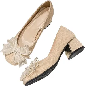 INEELUYI Women's Sweety Elegant Lace Bowtie Wedding Dress Pumps Mid Block Chunky Heeled Slip on Comfortable Walking Pump Shoes