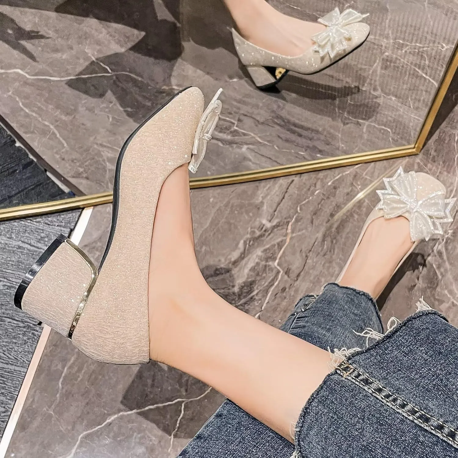 INEELUYI Women's Sweety Elegant Lace Bowtie Wedding Dress Pumps Mid Block Chunky Heeled Slip on Comfortable Walking Pump Shoes