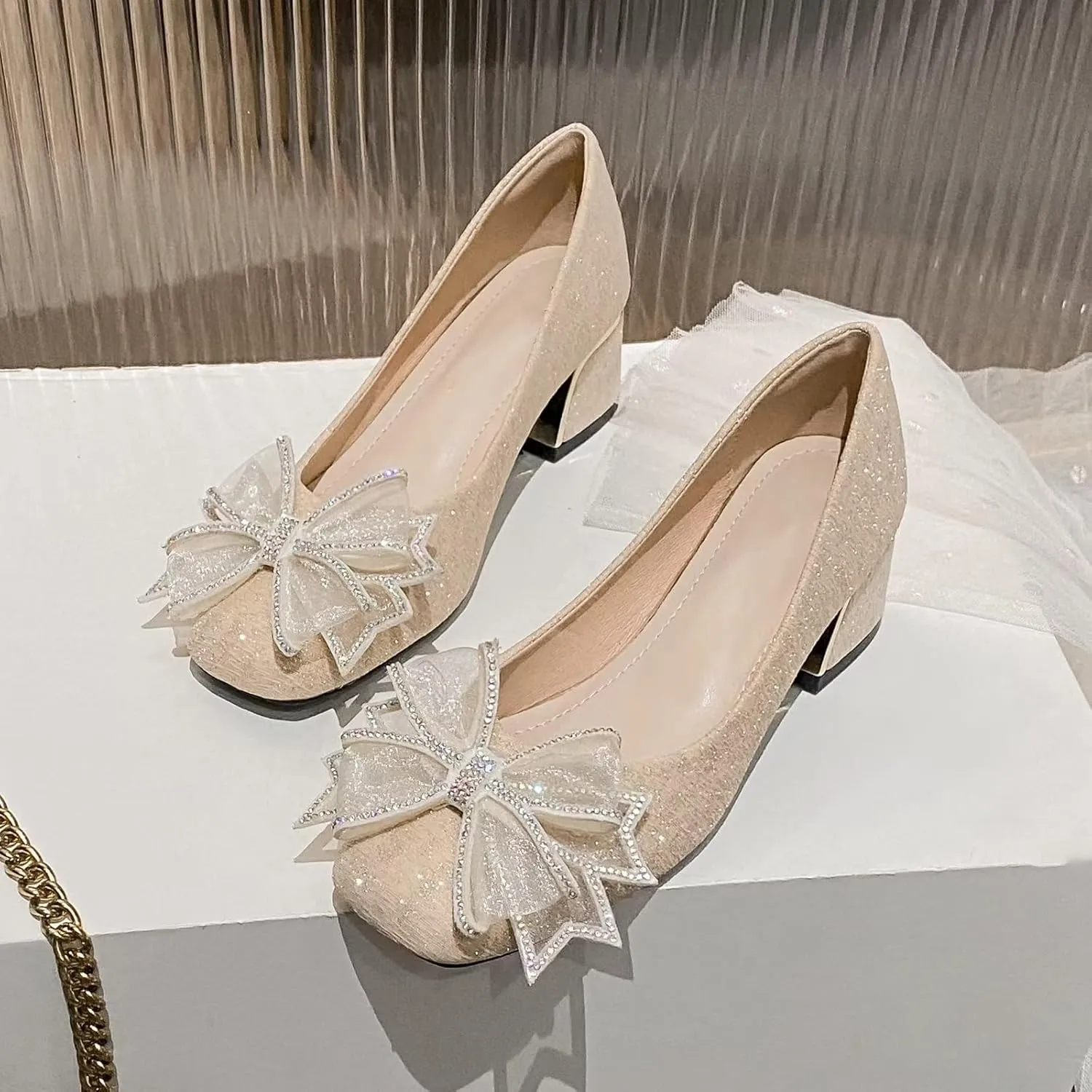 INEELUYI Women's Sweety Elegant Lace Bowtie Wedding Dress Pumps Mid Block Chunky Heeled Slip on Comfortable Walking Pump Shoes