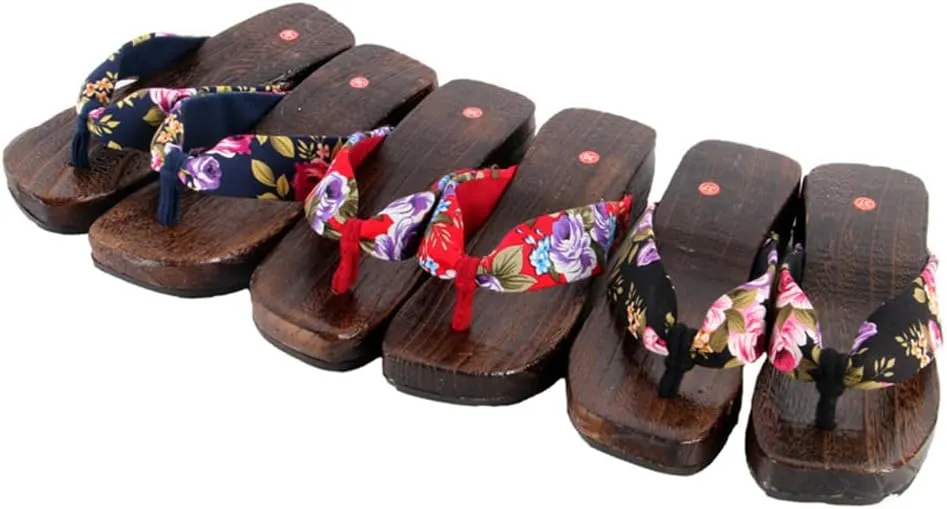 Japanese Clogs Slippers,Flip-Flops Women's Printed Kimono Japanese Traditional Sandals Geta,Anti Slip and Wear-Resistant Thick Sole Sashion Slippers(Size:EU 38,Color:Red)