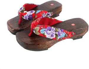 Japanese Clogs Slippers,Flip-Flops Women's Printed Kimono Japanese Traditional Sandals Geta,Anti Slip and Wear-Resistant Thick Sole Sashion Slippers(Size:EU 38,Color:Red)