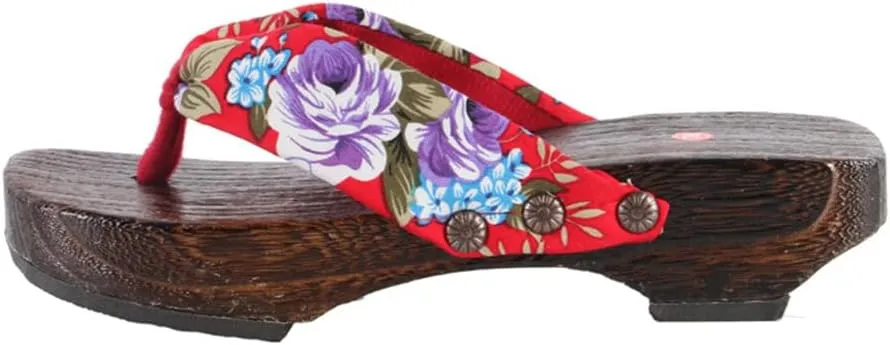Japanese Clogs Slippers,Flip-Flops Women's Printed Kimono Japanese Traditional Sandals Geta,Anti Slip and Wear-Resistant Thick Sole Sashion Slippers(Size:EU 38,Color:Red)