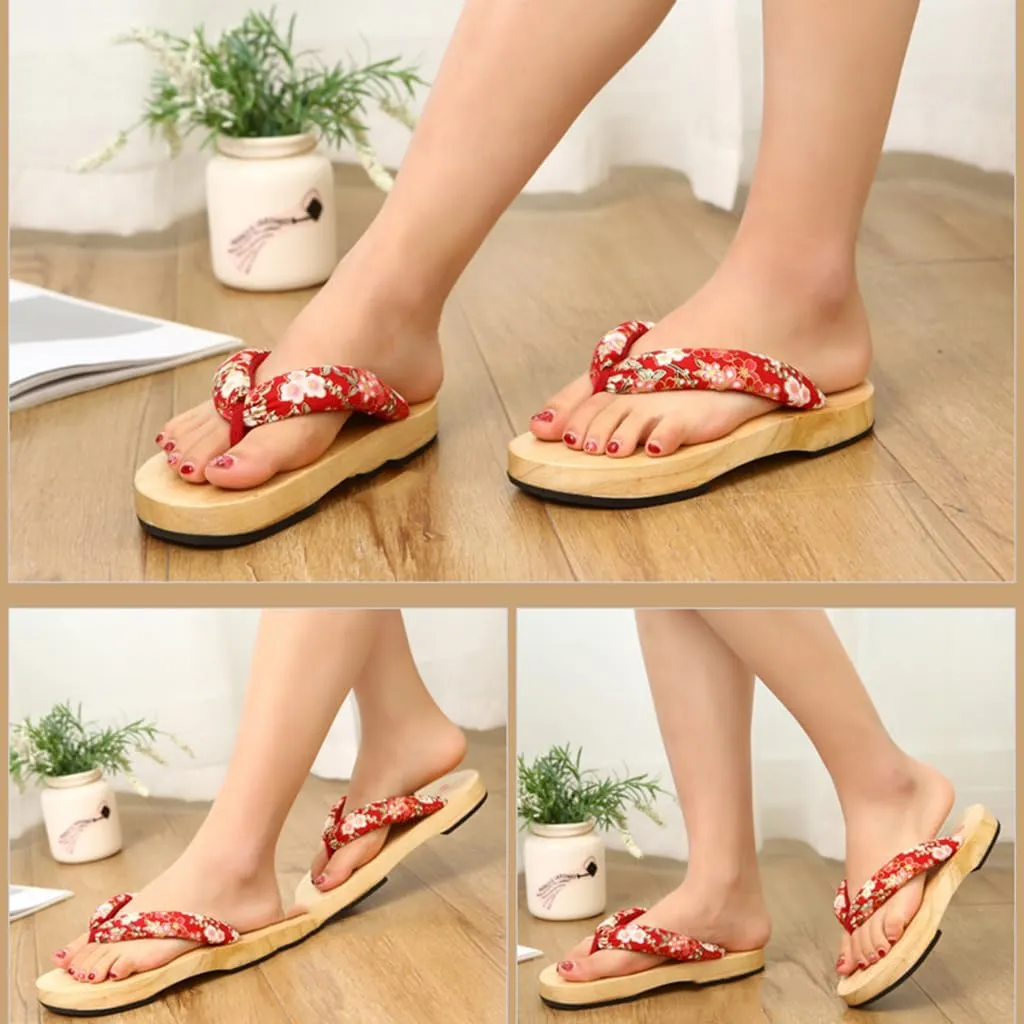 Japanese Flip Flops,Men's Women's Burnt Paulownia Wooden Clogs Slippers,Flat Japanese Traditional Clogs Geta Sandals Traditional Round Headed Wooden Clogs Shoes(Size:EU 40,Color:Red)