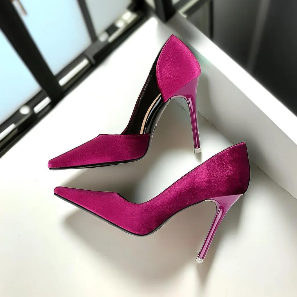 JOEupin Women Formal Stiletto High Heels Pumps Pointed Toe Velvet Slide Office Wedding Lady Party Dress Shoes 4Inch