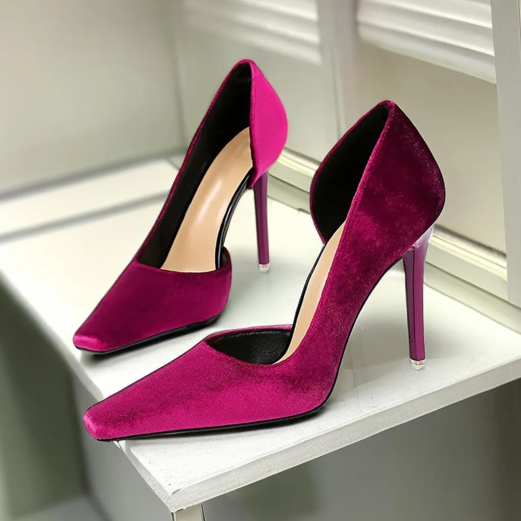 JOEupin Women Formal Stiletto High Heels Pumps Pointed Toe Velvet Slide Office Wedding Lady Party Dress Shoes 4Inch