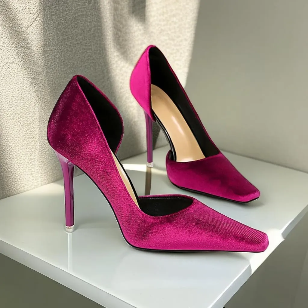 JOEupin Women Formal Stiletto High Heels Pumps Pointed Toe Velvet Slide Office Wedding Lady Party Dress Shoes 4Inch