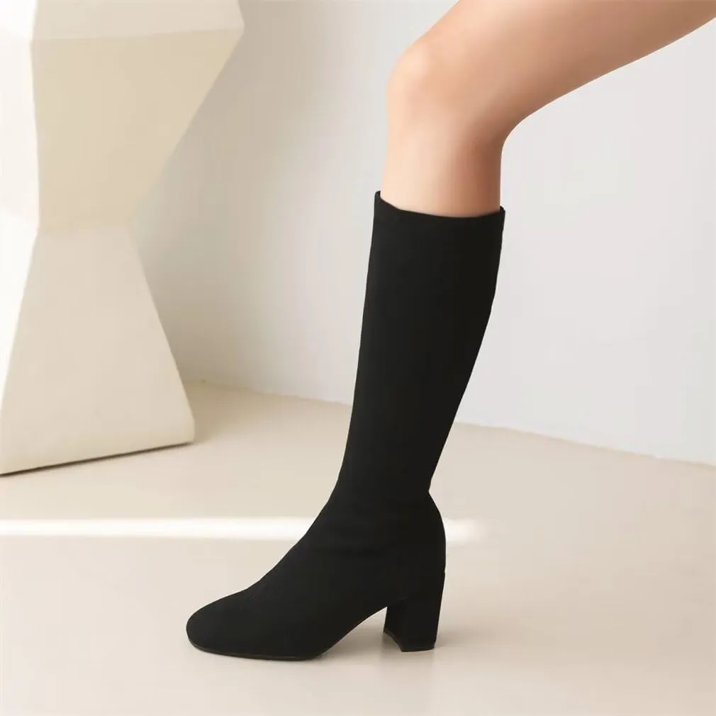 Joojaky Woman Fashion Block Heel Knee High Boots Stilettos Chunky Heel Elastic Sock Boots