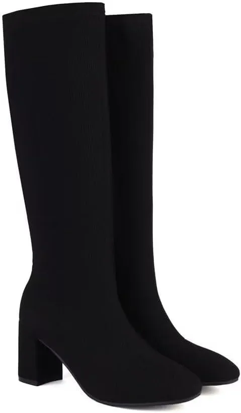Joojaky Woman Fashion Block Heel Knee High Boots Stilettos Chunky Heel Elastic Sock Boots