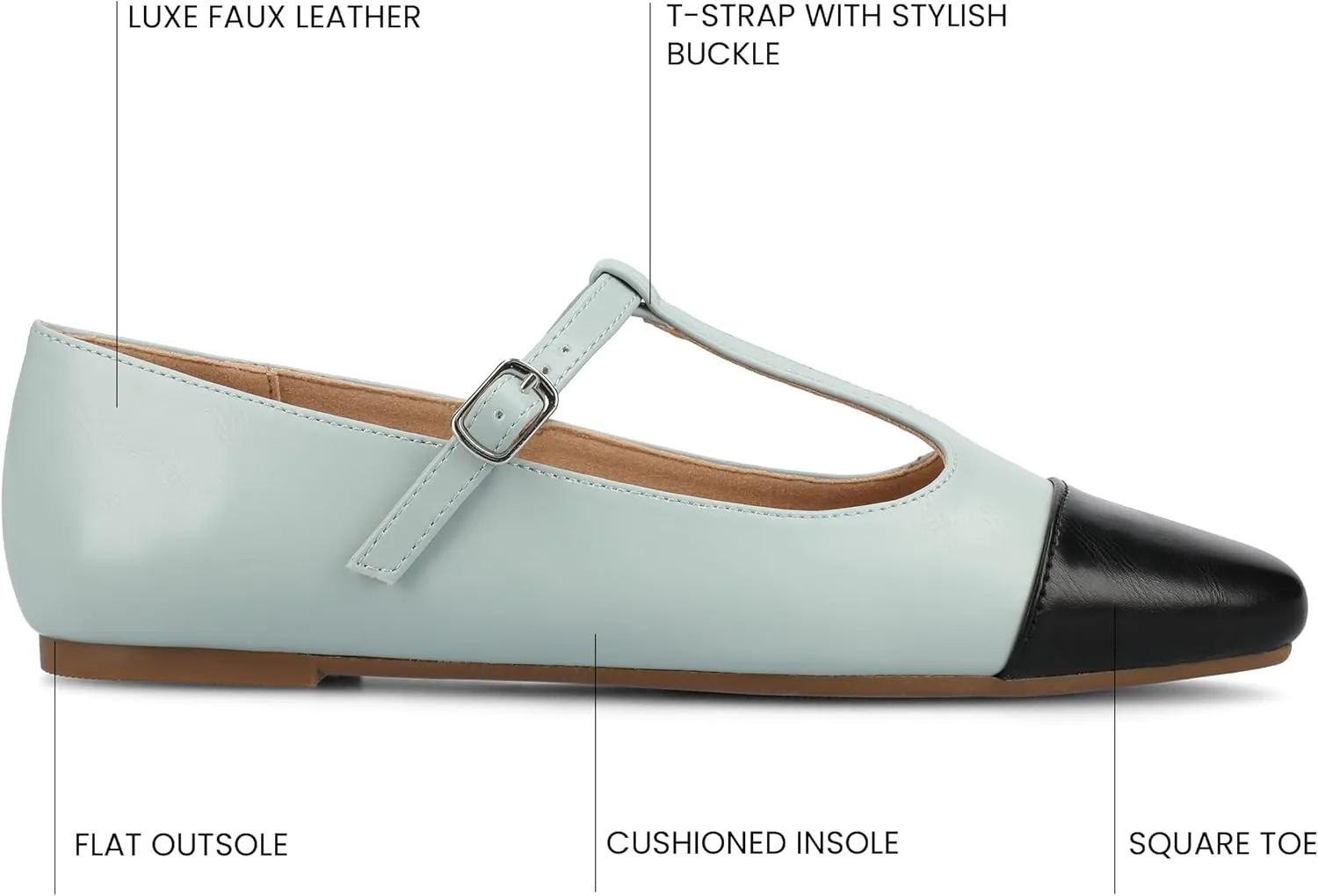 Journee Collection Womens Theah Mary Jane Buckle T-Strap Dress Flats Cushioned Two Tone Square Cap Toe Fashion Shoe