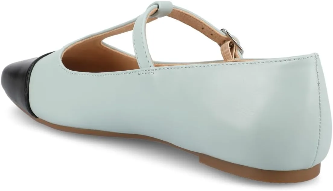 Journee Collection Womens Theah Mary Jane Buckle T-Strap Dress Flats Cushioned Two Tone Square Cap Toe Fashion Shoe